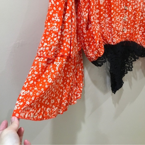 FP free people Intimately Ditsy Floral Bell Sleeve Button-Up Bodysuit Orange - Picture 3 of 6